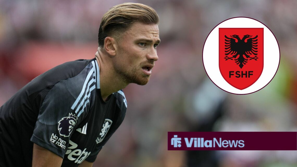 Matty Cash playing for Aston Villa looking concerned towards a circle inset of the Albania badge