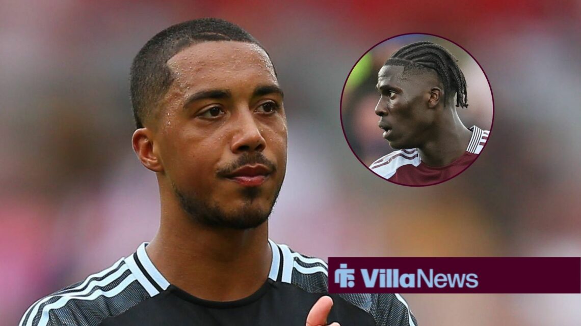 Youri Tielemans applauds Aston Villa's fans as Amadou Onana (inset) looks on
