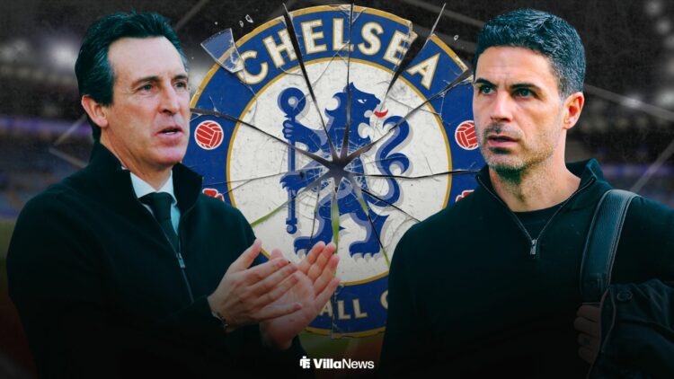 Unai Emery clapping looking towards Mikel Arteta with a smashed Chelsea badge in between them