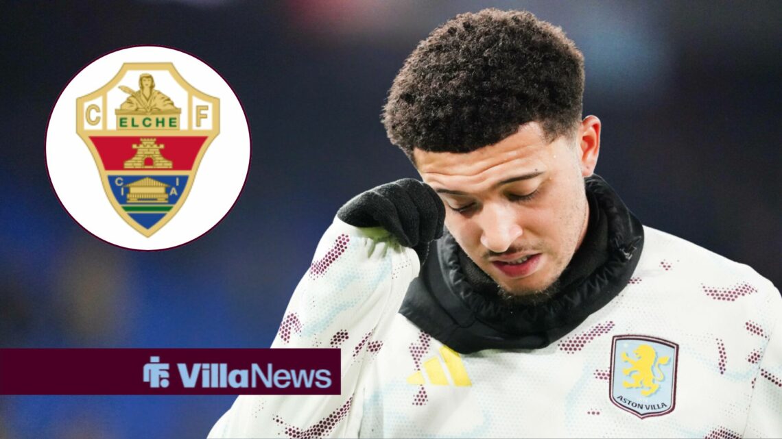 Jadon Sancho looking annoyed at Aston Villa next to an Elche badge