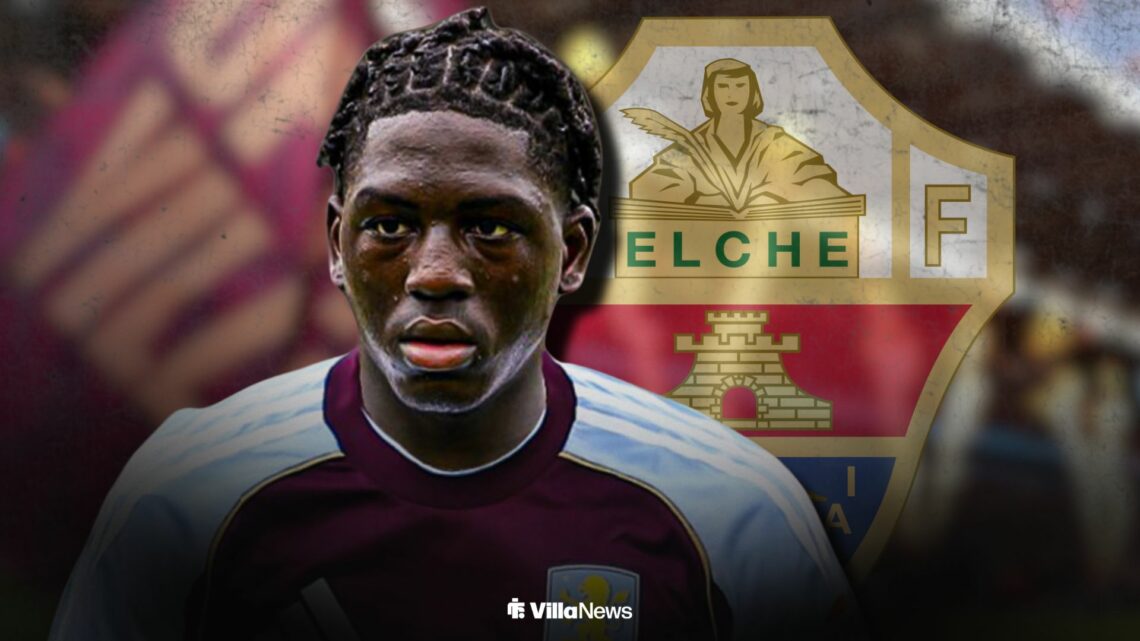 Brian Madjo in an Aston Villa shirt alongside an Elche badge