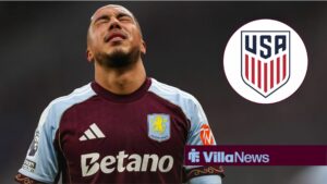 Youri Tielemans looking gutted at Aston Villa alongside a circle inset of the USMNT logo