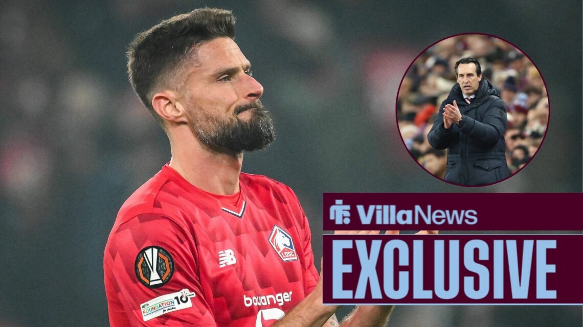 Olivier Giroud and a circular inset of Unai Emery.