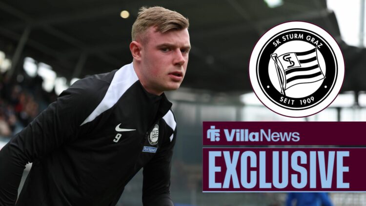 Rory Wilson warming up for Sturm Graz looking towards a circle inset of the Sturm Graz badge