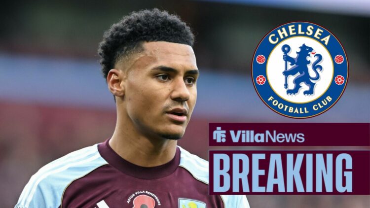 Aston Villa striker Ollie Watkins looking in the direction of Chelsea badge