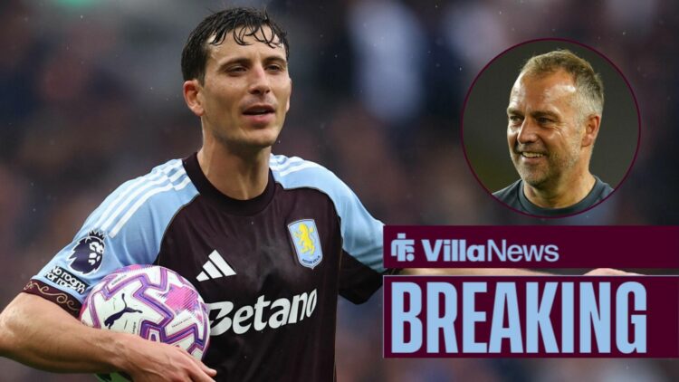 Aston Villa's Pau Torres looking in the direction of Barcelona manager Hansi Flick.