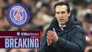 Aston Villa v Juventus FC Champions League 27/11/2024. Unai Emery Manager of Aston Villa during the Champions League match between Aston Villa and Juventus FC at Villa Park, Birmingham, England on 27 November 2024 with PSG badge in circular inset