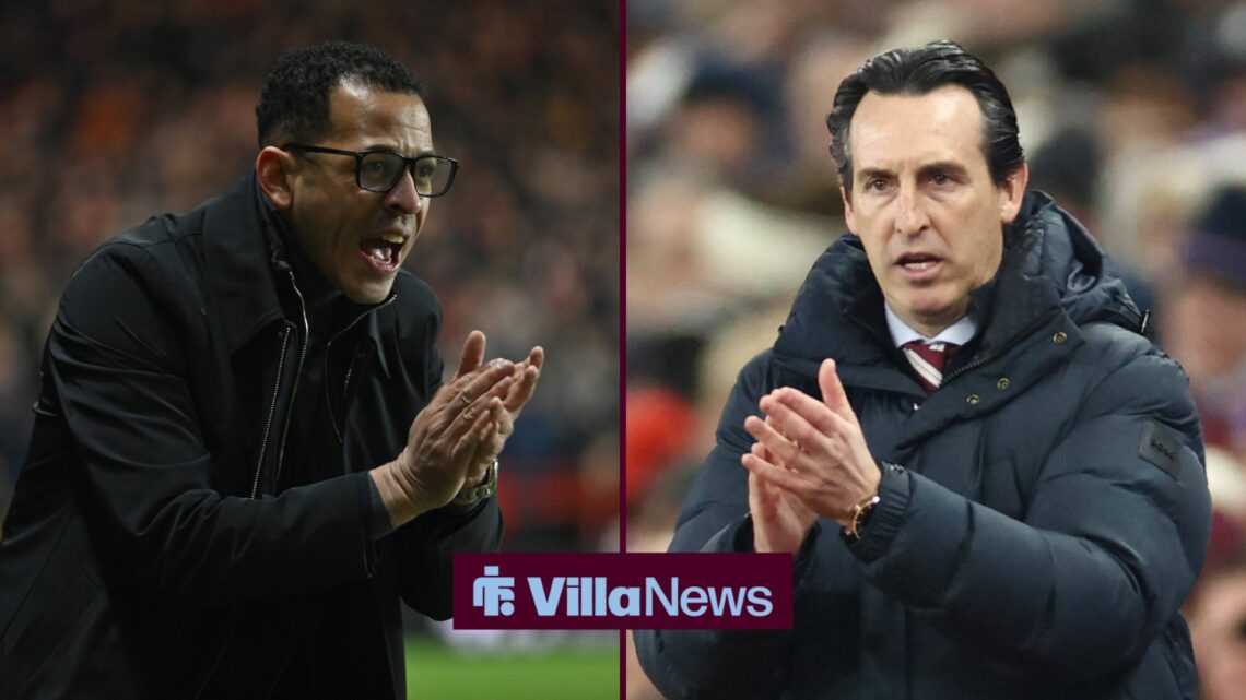 Liam Rosenior clapping his hands on the sideline of Chelsea's third-round FA Cup game against Charlton Athletic, in a 50:50 image with Aston Villa ...