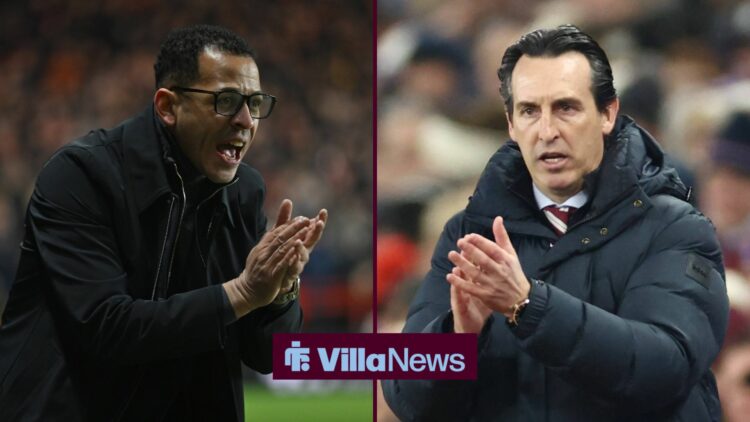 Liam Rosenior clapping his hands on the sideline of Chelsea's third-round FA Cup game against Charlton Athletic, in a 50:50 image with Aston Villa ...