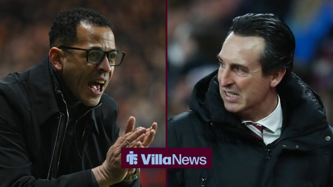 Chelsea manager Liam Rosenior during an FA Cup clash against Charlton Athletic in a 50:50 image next to an unhappy Aston Villa boss, Unai Emery.