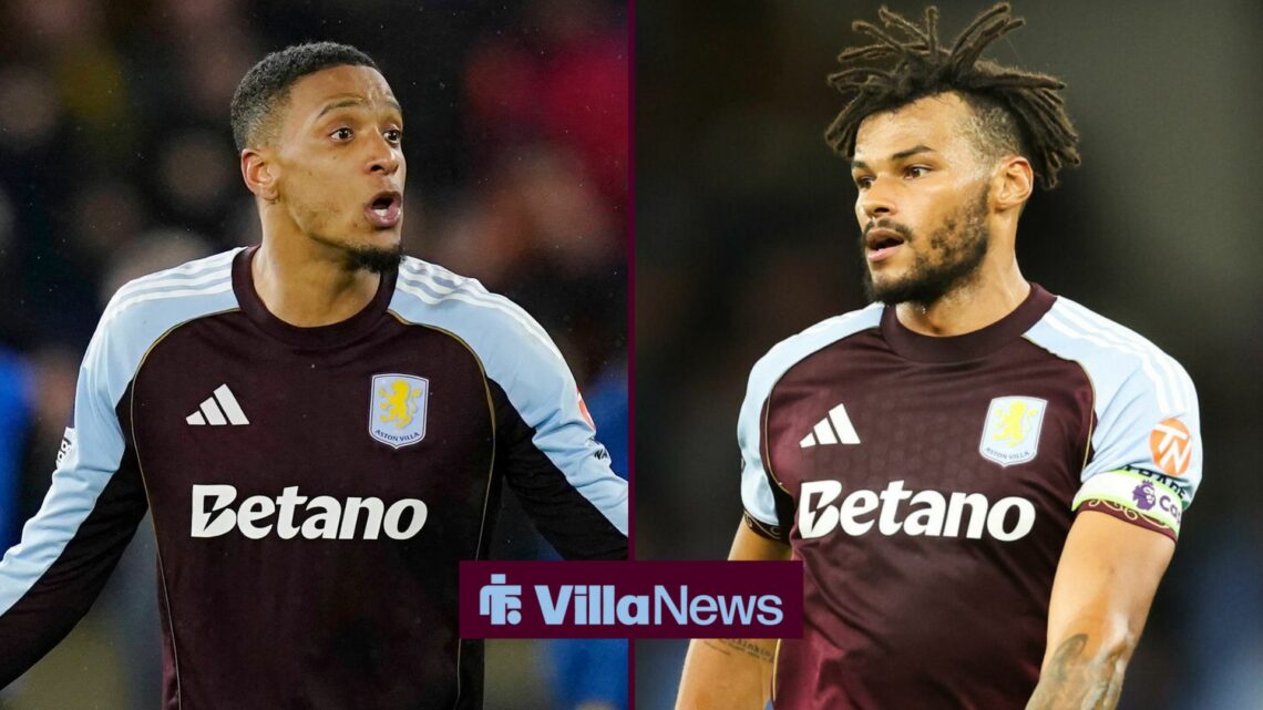 Aston Villa defenders Ezri Konsa and Tyrone Mings looking confused in a 50:50 image.