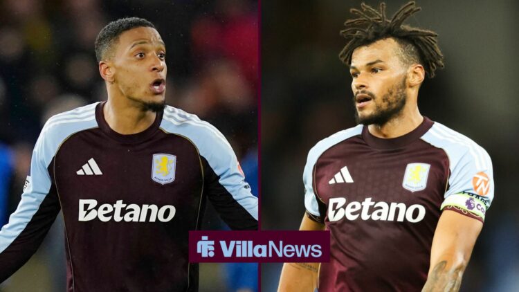 Aston Villa defenders Ezri Konsa and Tyrone Mings looking confused in a 50:50 image.