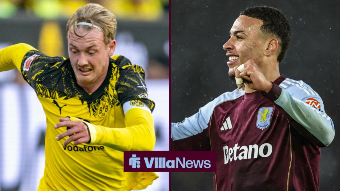Julian Brandt playing for Borussia Dortmund in a 50:50 image next to Aston Villa's Morgan Rogers.