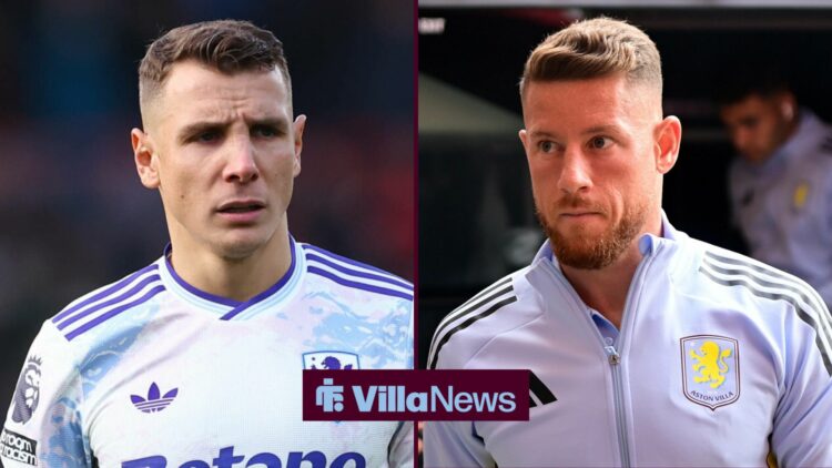 Lucas Digne looking upset while looking at Aston Villa team-mate Ross Barkley.