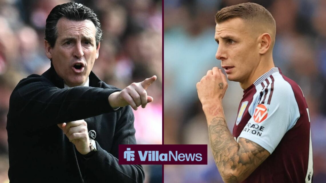 Aston Villa manager Unai Emery pointing towards Lucas Digne