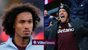 Boubacar Kamara in an Aston Villa training jacket while in a 50:50 image next to Aston Villa fan celebrating inside Villa Park.