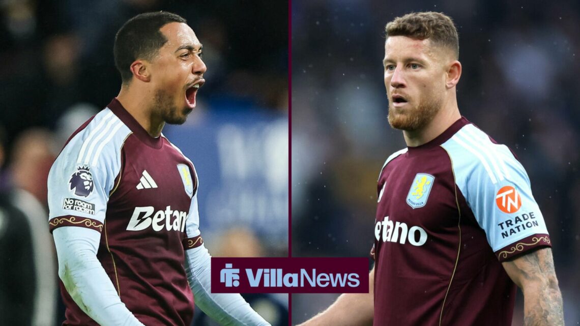Aston Villa duo Youri Tielemans and Ross Barkley looking at one another in a 50:50 split image.