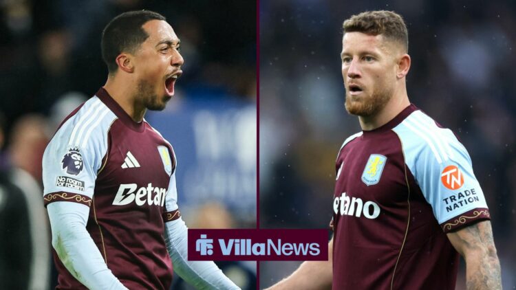 Aston Villa duo Youri Tielemans and Ross Barkley looking at one another in a 50:50 split image.