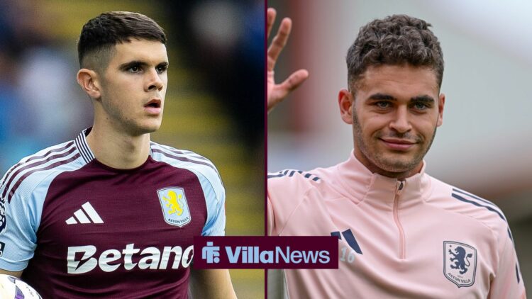 Aston Villa defender Kosta Nedeljkovic holds the ball before taking a throw-in, alongside Andres Garcia waving during a warm-up