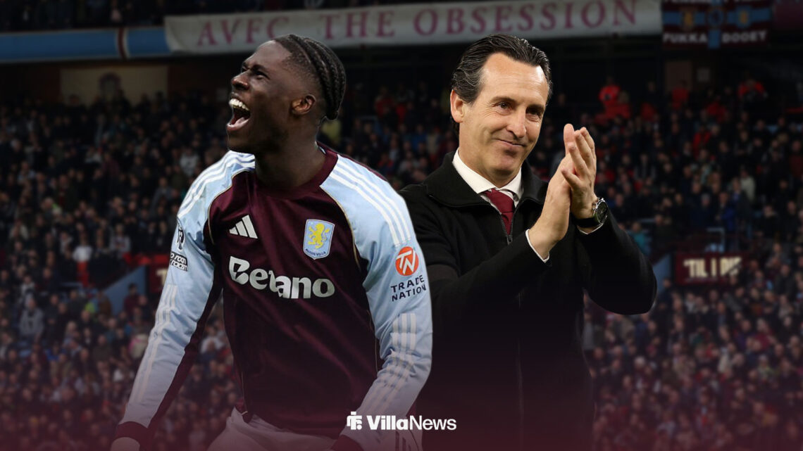 Amadou Onana celebrating alongside Unai Emery clapping at Villa Park.