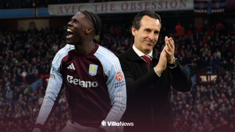 Amadou Onana celebrating alongside Unai Emery clapping at Villa Park.