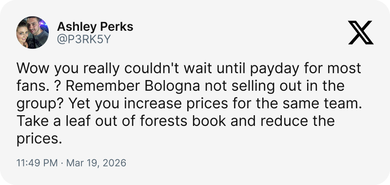 Aston Villa Bologna ticket prices twitter 1