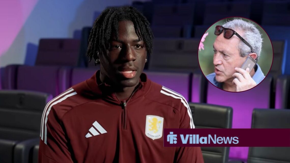 Brian Madjo speaking to Aston Villa's media team after signing while Aston Villa shareholder Nassef Sawiris (part of NSWE) looks at him in a small ...