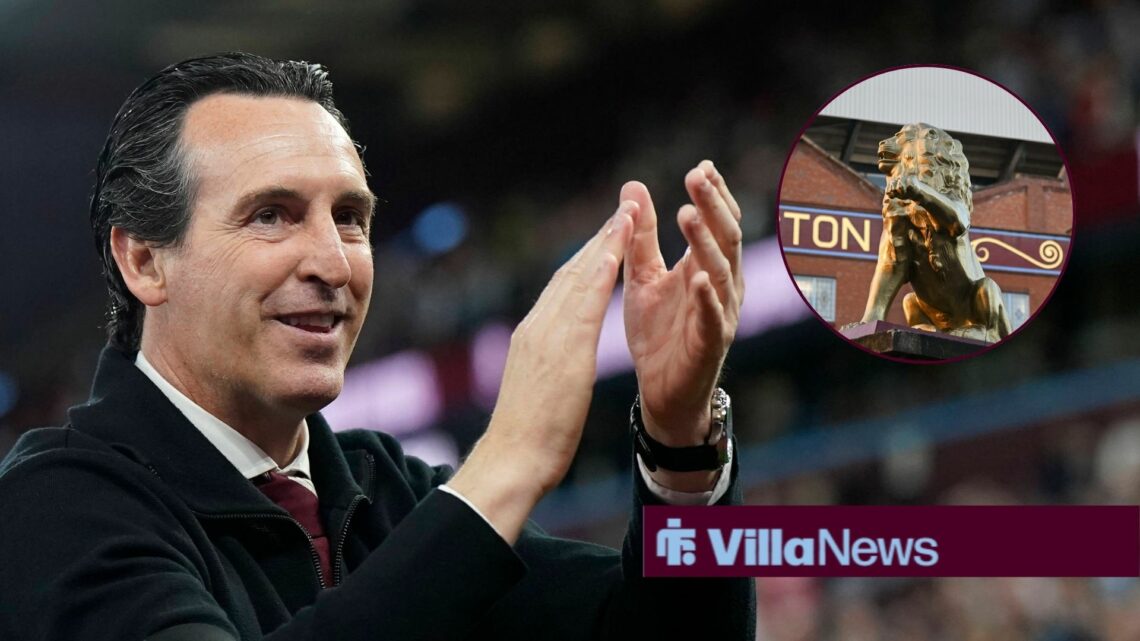 Unai Emery manager of Aston Villa celebrates with fans at the end of the match during the Aston Villa vs Tottenham Hotspur, Aston Villa lion statue...
