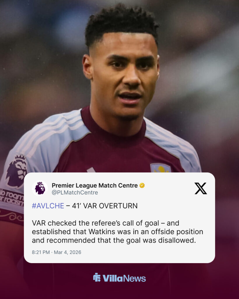 Premier League Match Centre's update on Ollie Watkins offside goal in Aston Villa vs Chelsea.