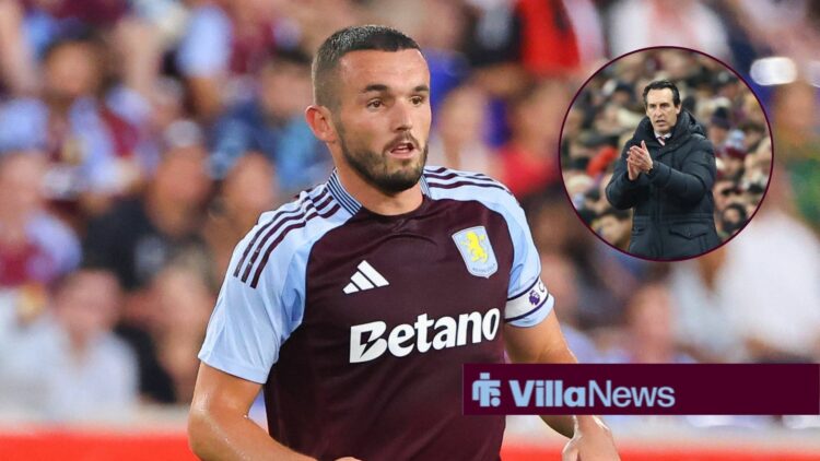 John McGinn looks at a circular inset of Unai Emery.