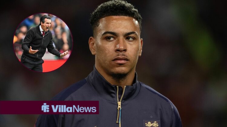 Morgan Rogers looking at a circular inset of Unai Emery