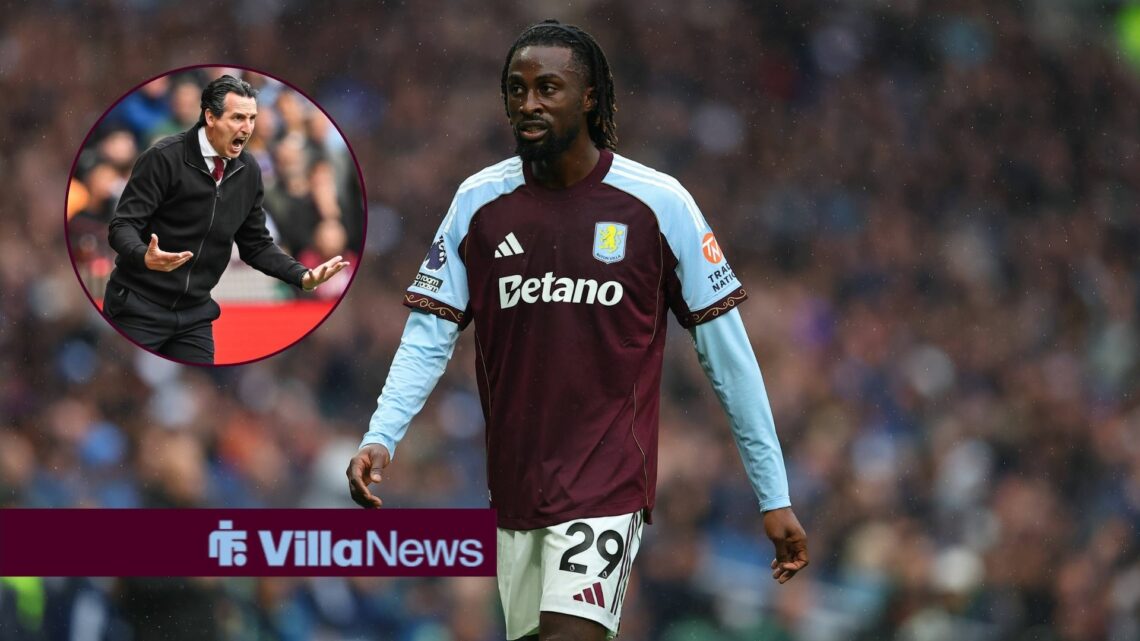 Evann Guessand looks at a circular inset of a frustrated Unai Emery.