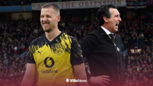 Waldemar Anton and Unai Emery stood in front of a Villa Park background.
