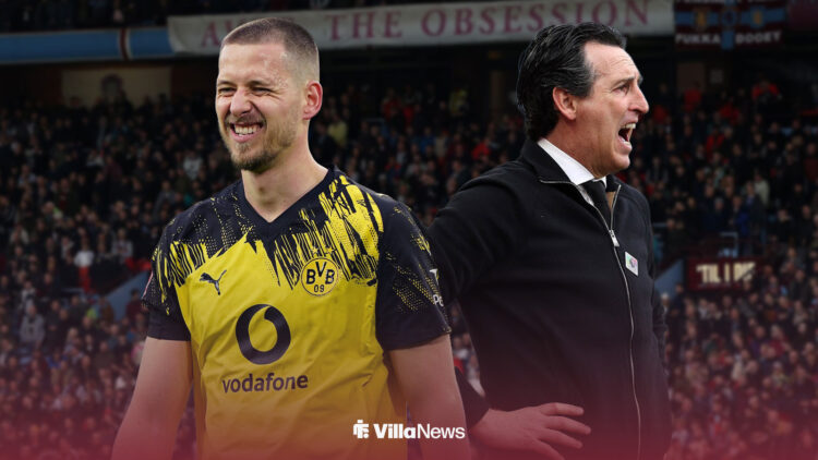 Waldemar Anton and Unai Emery stood in front of a Villa Park background.