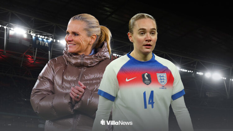 A smiling Sarina Wiegman claps her hands in the background, with Lucia Kendall in England action