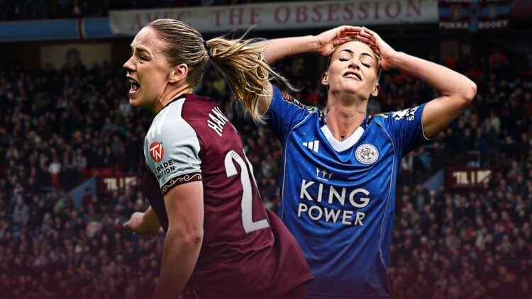 Aston Villa's Kirsty Hanson as Leicester City's Alisha Lehmann despairs