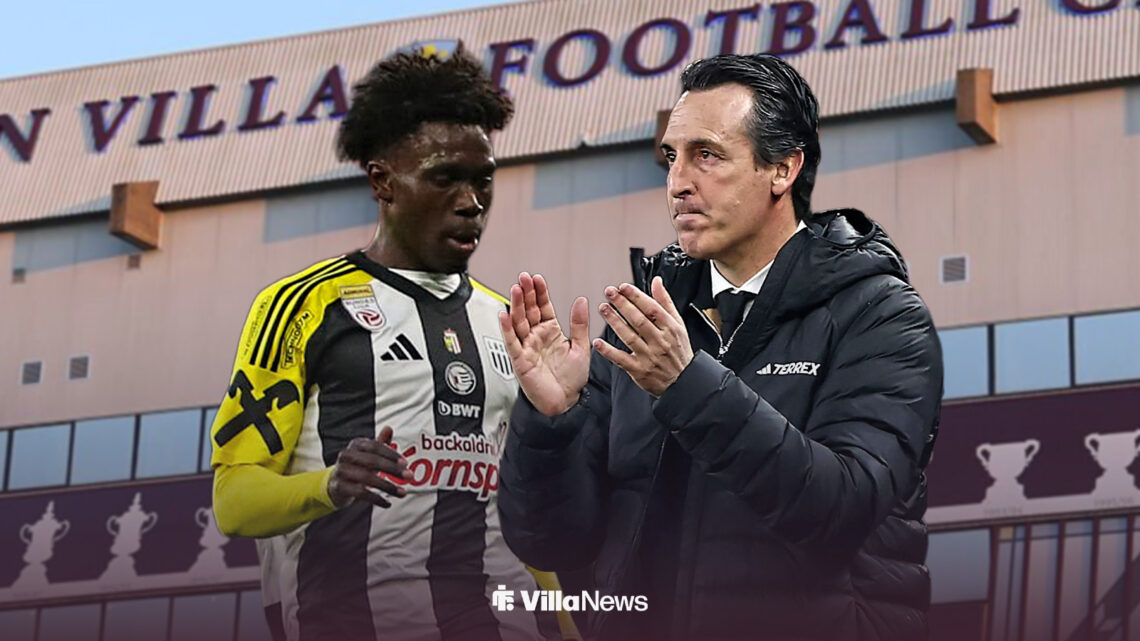Modou Cisse in a LASK shirt while looking at Unai Emery in front of Aston Villa's Villa Park stadium.