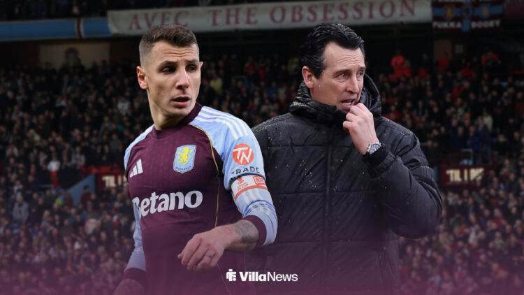 Lucas Digne looks on as Unai Emery cuts a perturbed figure