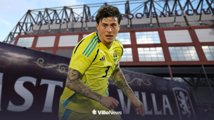 Aston Villa defender Victor Lindelof playing in his Sweden kit in front of Villa Park.