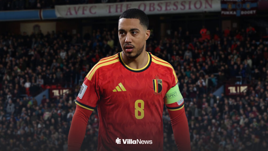 Youri Tielemans in action for Belgium, with Villa Park as the background.