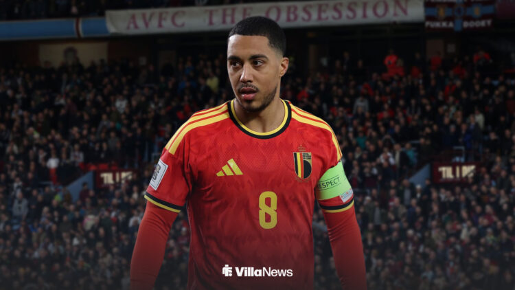 Youri Tielemans in action for Belgium, with Villa Park as the background.