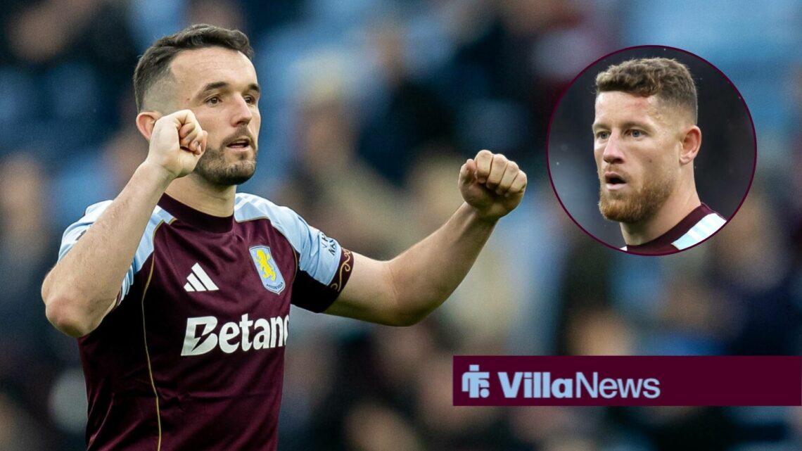 John McGinn celebrates during an Aston Villa match alongside a circular inset of a worried-looking Ross Barkley (top right)