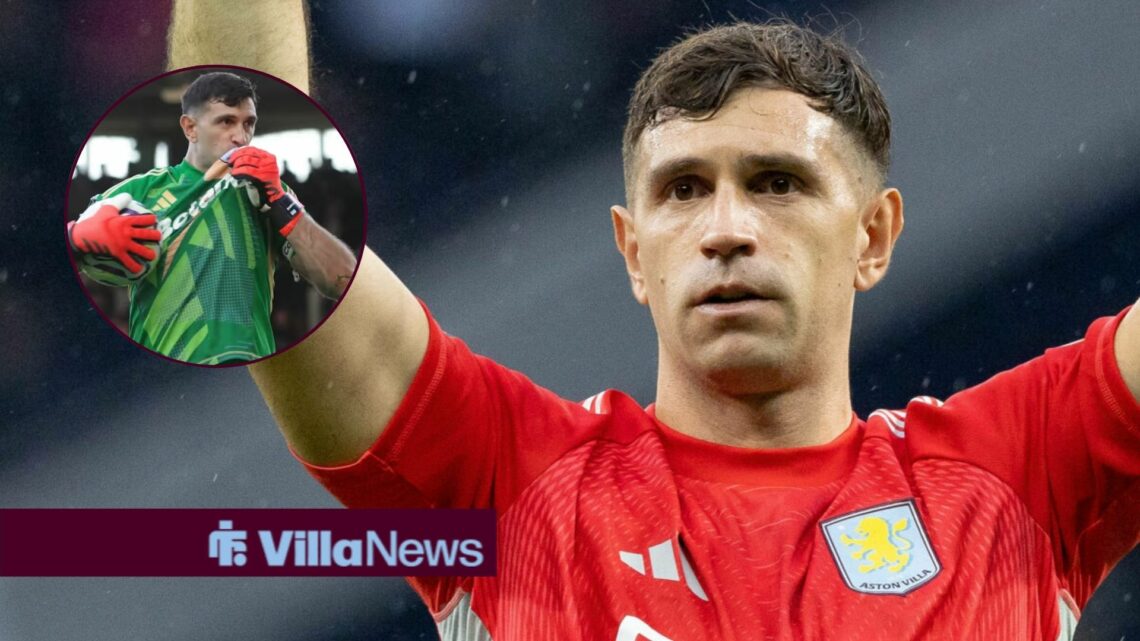 Emi Martinez celebrating for Aston Villa looking towards a circle inset of Emi Martinez celebrating for Aston Villa against Fulham