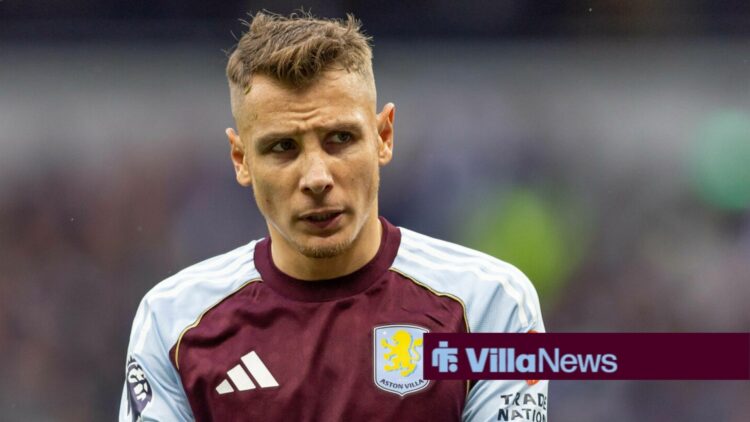 Lucas Digne looking annoyed playing for Aston Villa