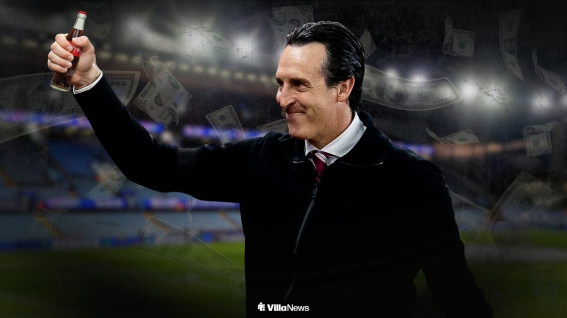 Unai Emery holding a Coca-Cola bottle at Villa Park