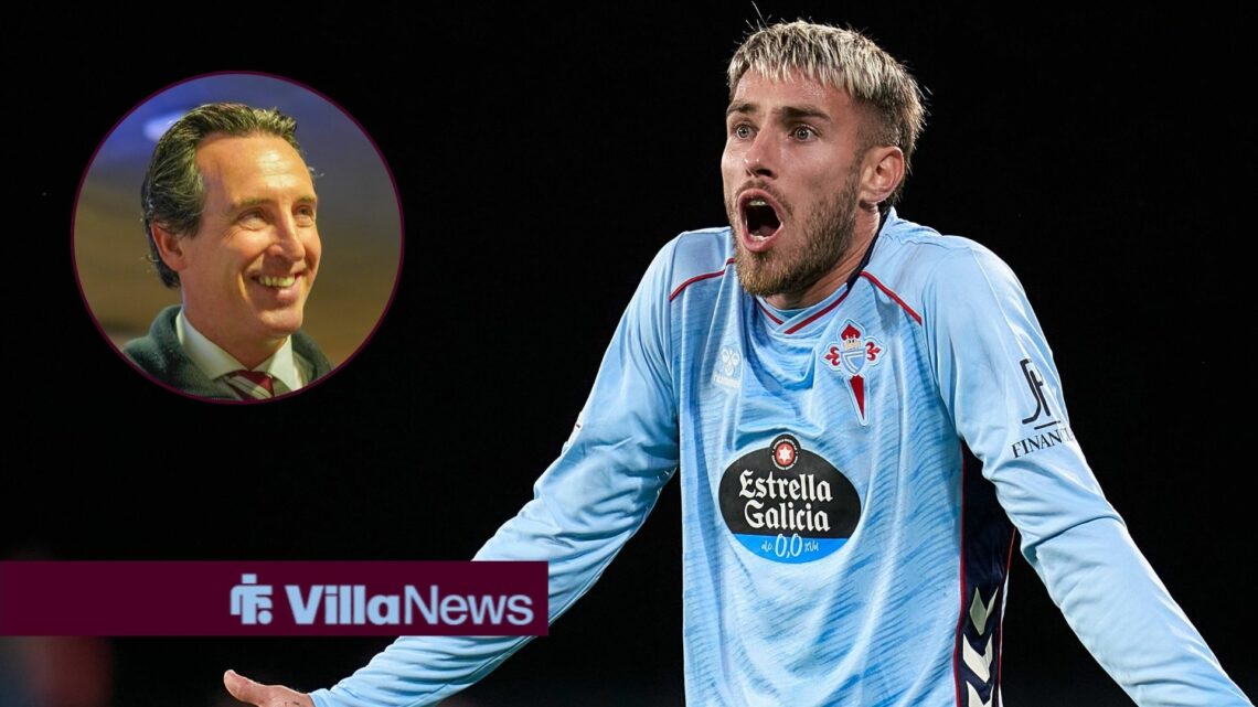 Oscar Mingueza of Celta Vigo looking at Aston Villa manager Unai Emery.