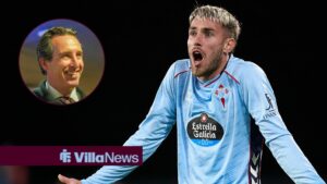 Oscar Mingueza of Celta Vigo looking at Aston Villa manager Unai Emery.