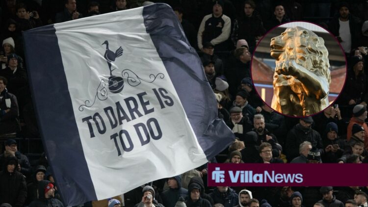 Tottenham fans waving a flag alongside a circle inset of Villa Park