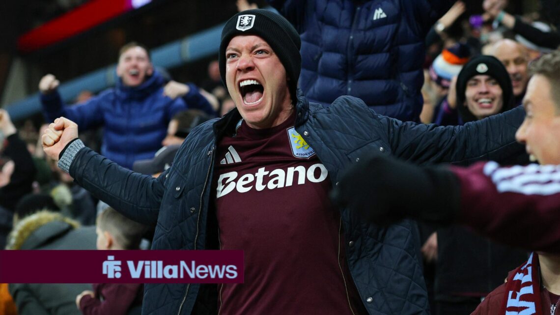 Birmingham, England, 21st December 2025. Aston Villa fans react after Morgan Rogers of Aston Villa scored a goal to make it 2-1 during the Aston Vi...