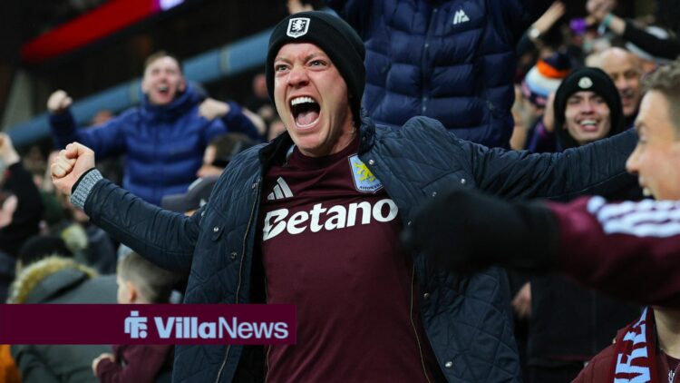 Birmingham, England, 21st December 2025. Aston Villa fans react after Morgan Rogers of Aston Villa scored a goal to make it 2-1 during the Aston Vi...